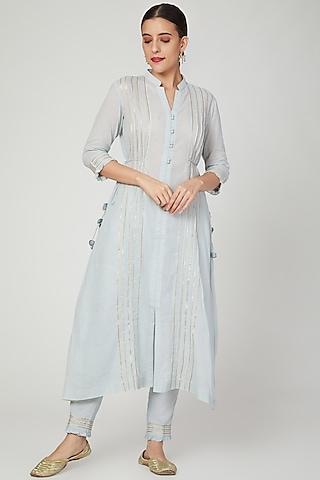 powder blue cotton embroidered kurta set