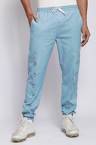 powder blue cotton flax pleated joggers
