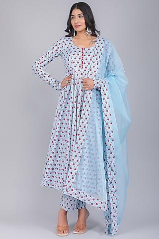 powder blue cotton printed anarkali set