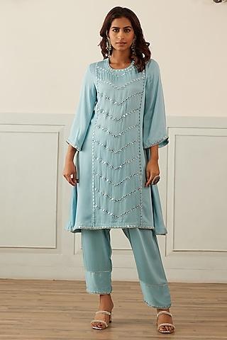 powder blue cotton satin mirror embellished a-line kurta set