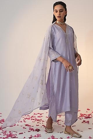 powder blue cotton silk block printed & hand embroidered straight kurta set
