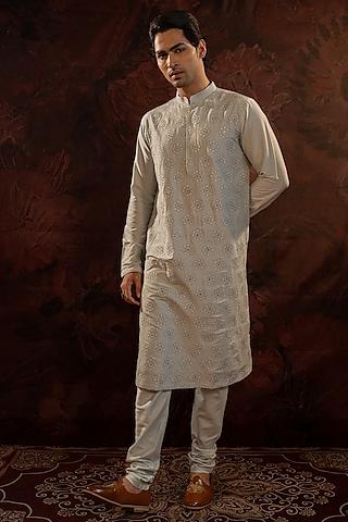 powder blue cotton silk floral motif embroidered kurta set