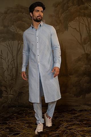 powder blue cotton silk pathani kurta set