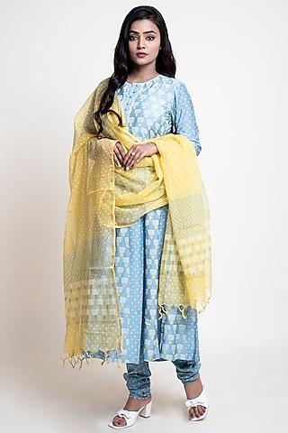 powder blue cotton silk printed anarkali set