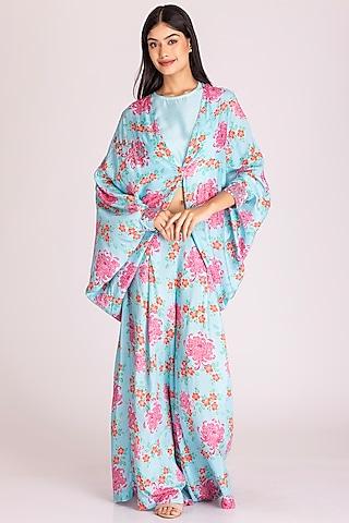 powder blue cotton silk printed cape set