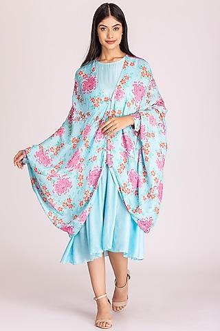 powder blue cotton silk printed jacket dress