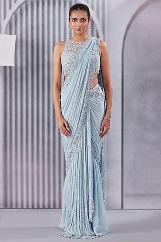 powder blue crepe chiffon draped saree set