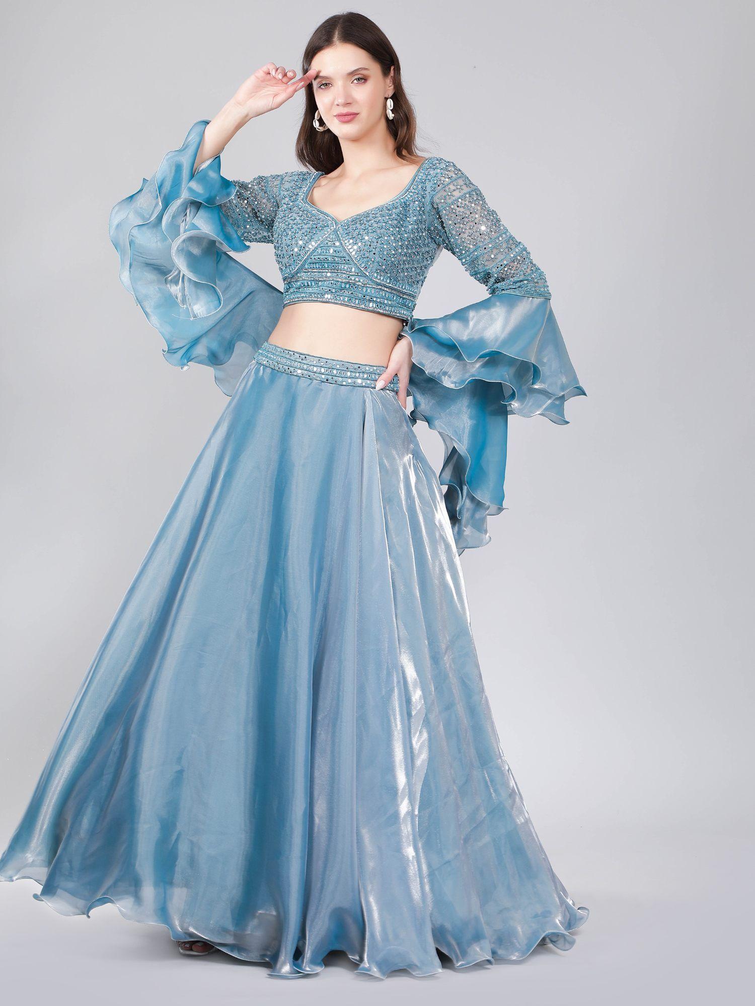 powder blue crop top and skirt with ruffle dupatta (set of 3)