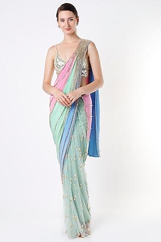 powder blue embellished pant saree set