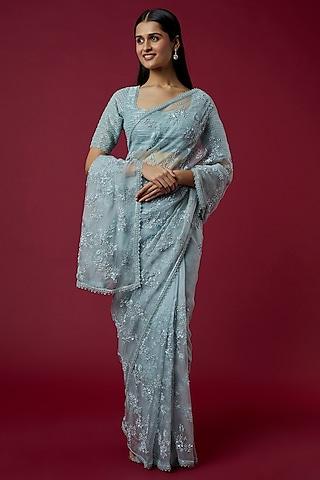 powder blue embellished saree set