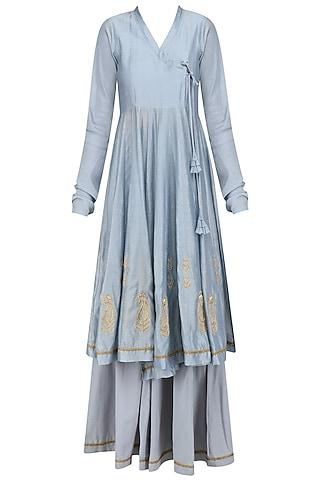 powder blue embroidered angrakha style kurta and flared pants set