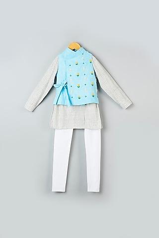 powder blue embroidered bundi jacket with kurta set for boys