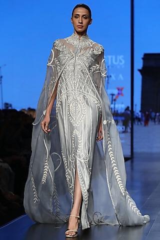 powder blue embroidered cape gown
