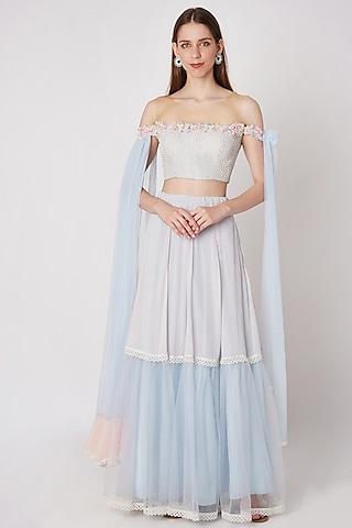 powder blue embroidered crop top with skirt