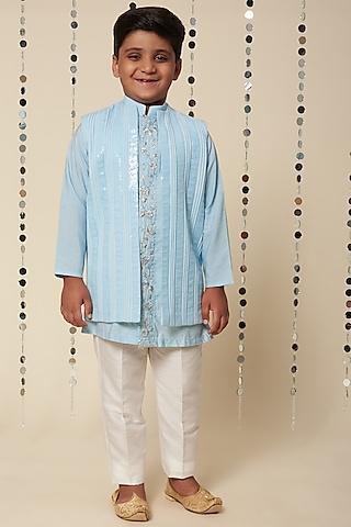 powder blue embroidered kurta set with bundi jacket for boys