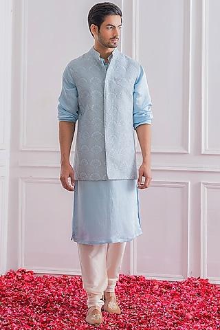 powder blue embroidered nehru jacket