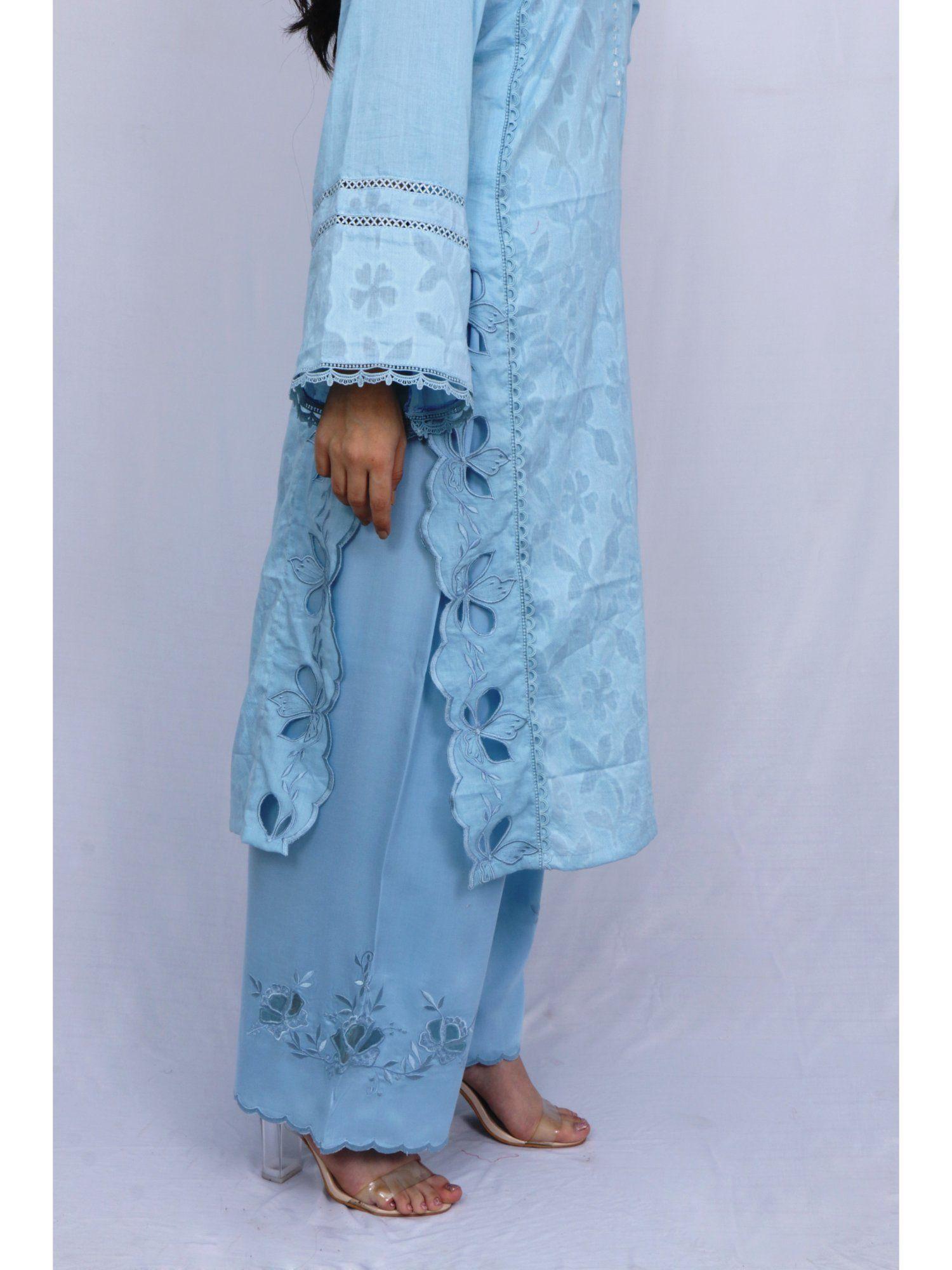 powder blue embroidered self panel suit