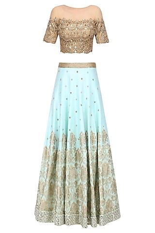 powder blue embroidered skirt and gold mirror work blouse set
