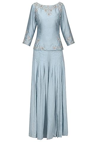 powder blue embroidered top with pleated pants and dupatta