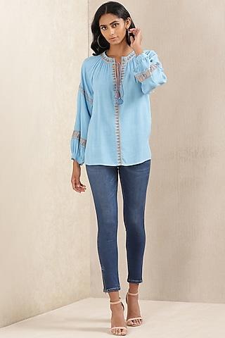 powder blue embroidered top