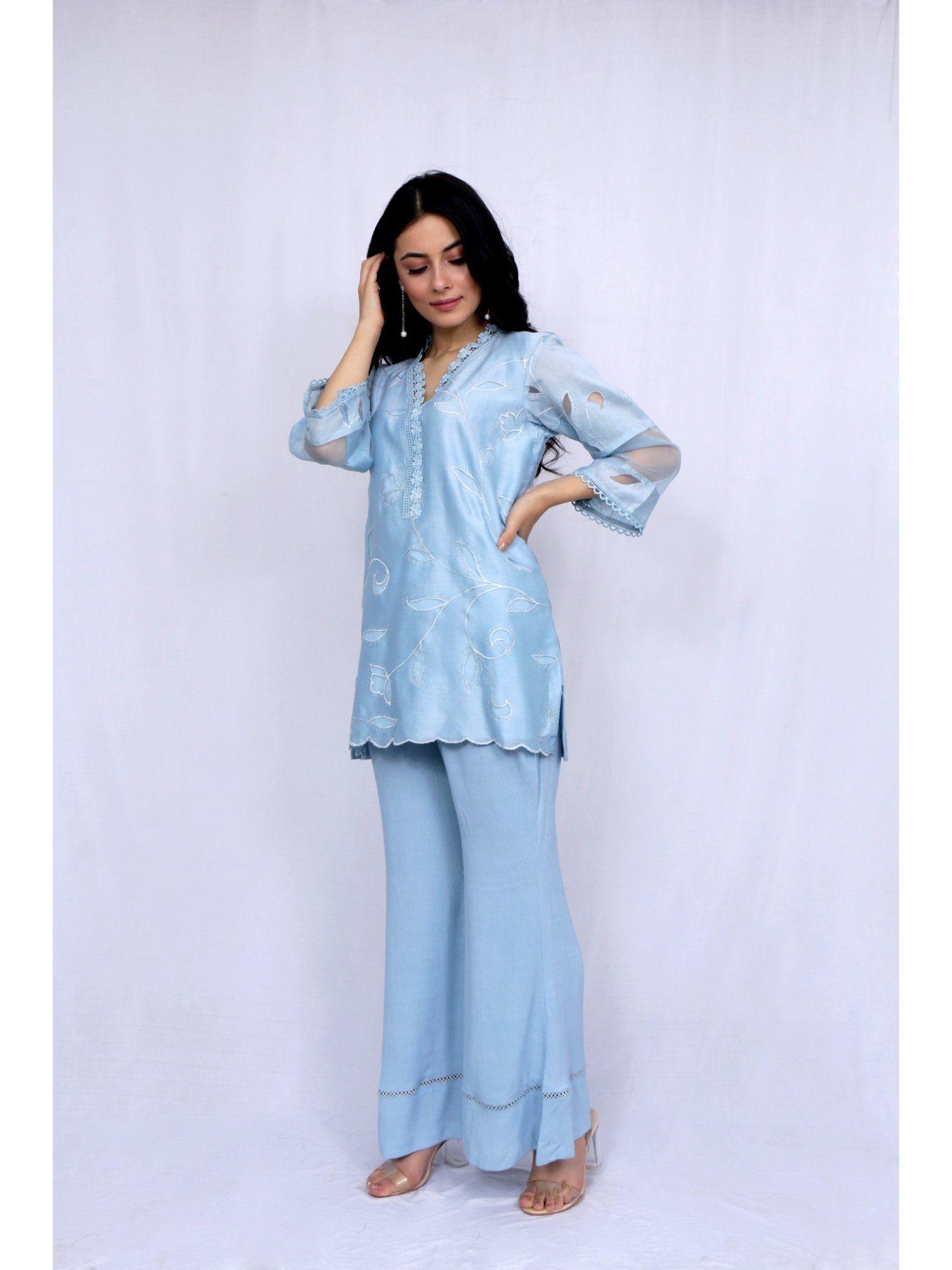 powder blue embroidery short shirt bell bottom