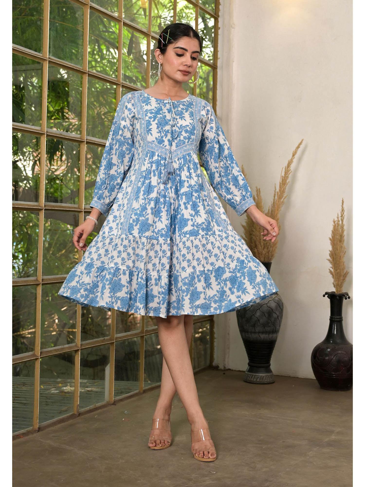 powder blue ethnic motif flared dress