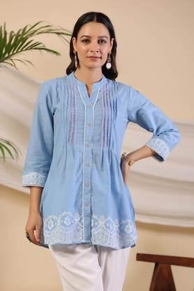 powder blue ethnic motif printed pure cotton tunic with lace work - powder blue