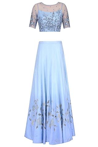 powder blue floral embroidered crop top and ombre shaded skirt set