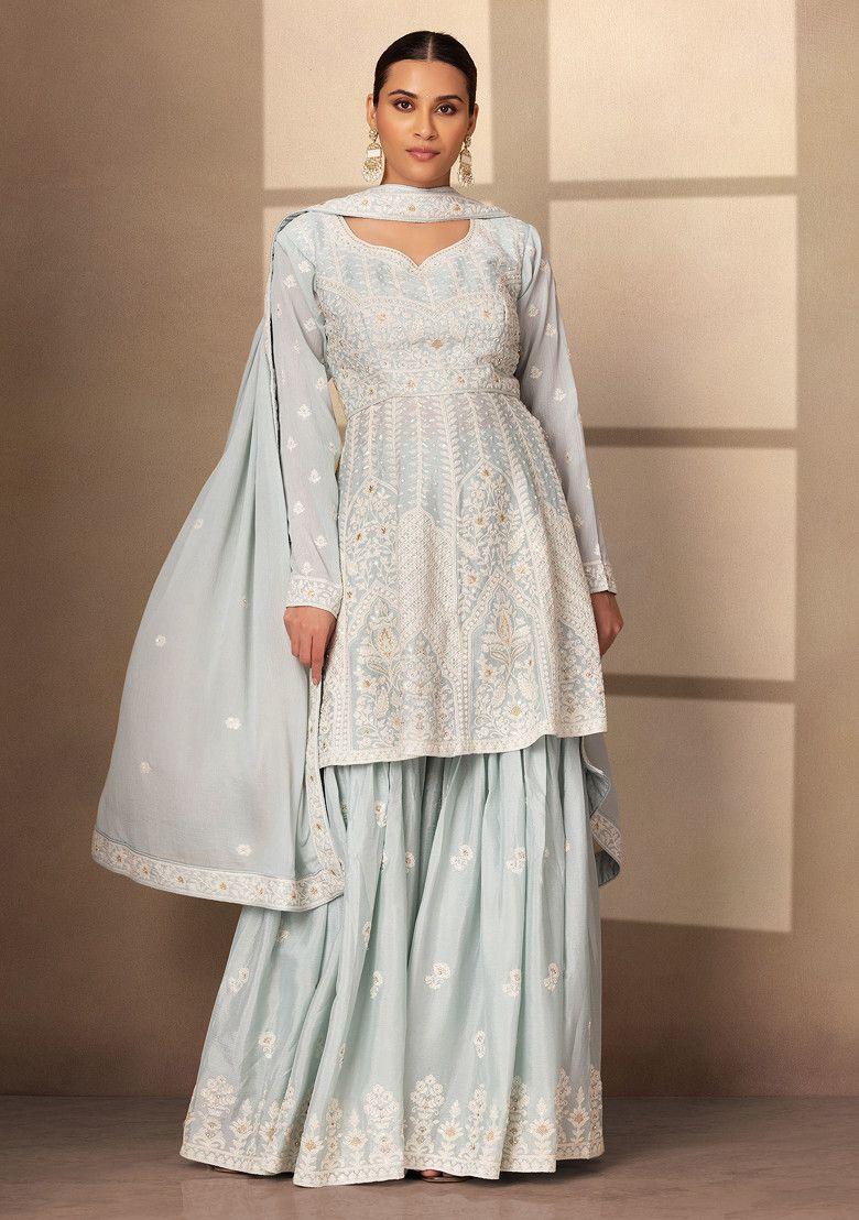 powder blue floral embroidered sharara set with kurta and embroidered dupatta