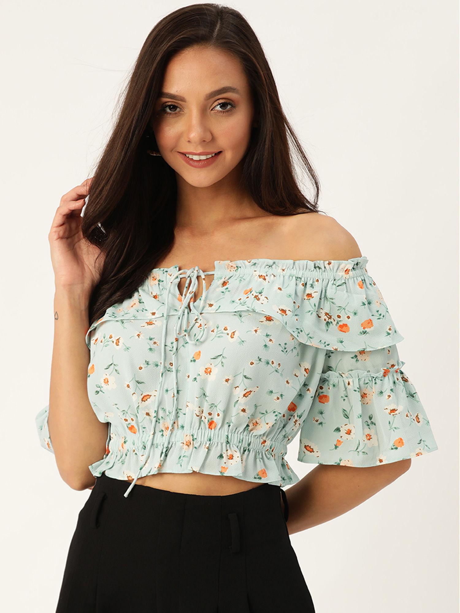 powder blue floral off shoulder crop top