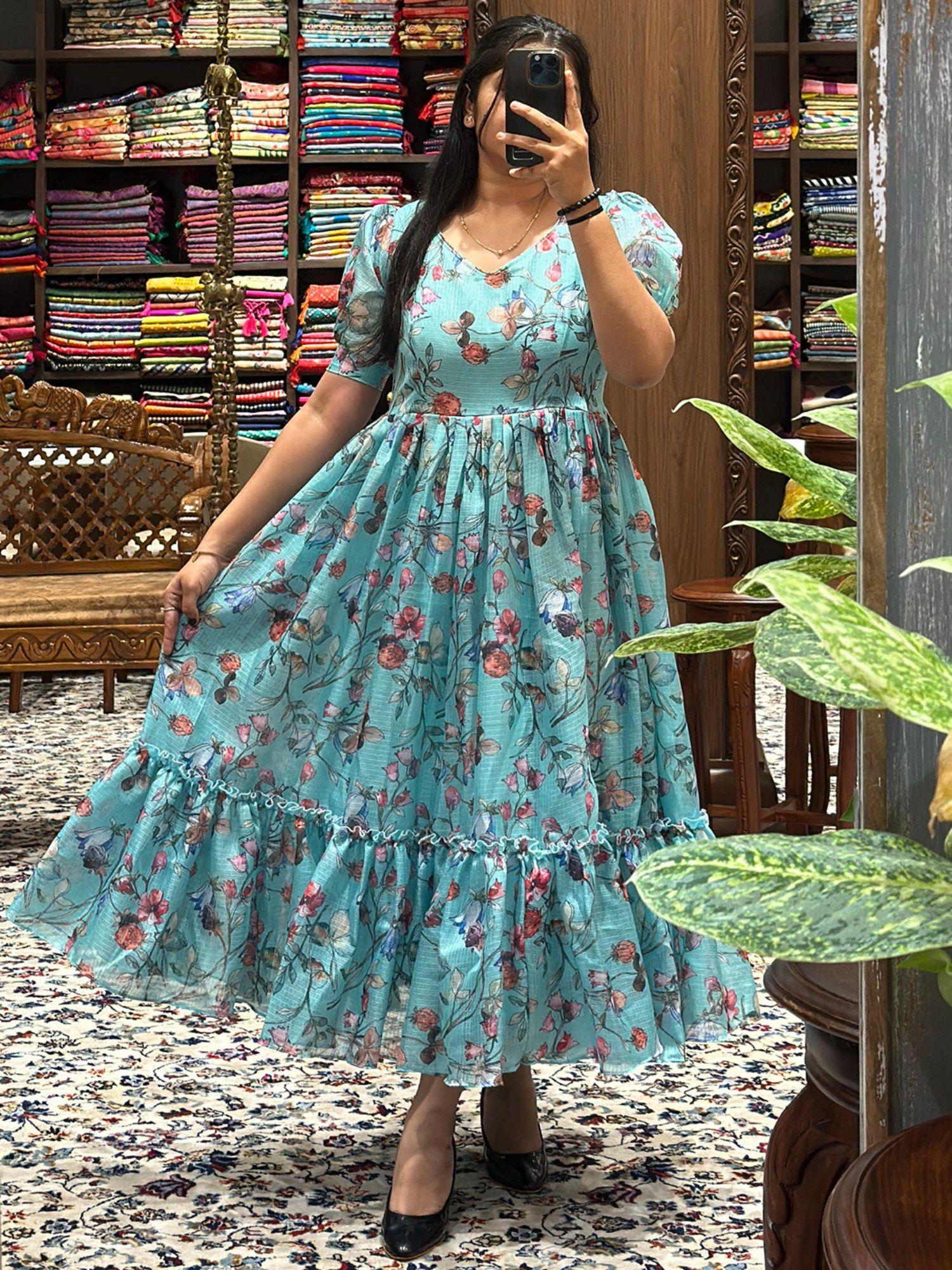 powder blue floral print maxi dress