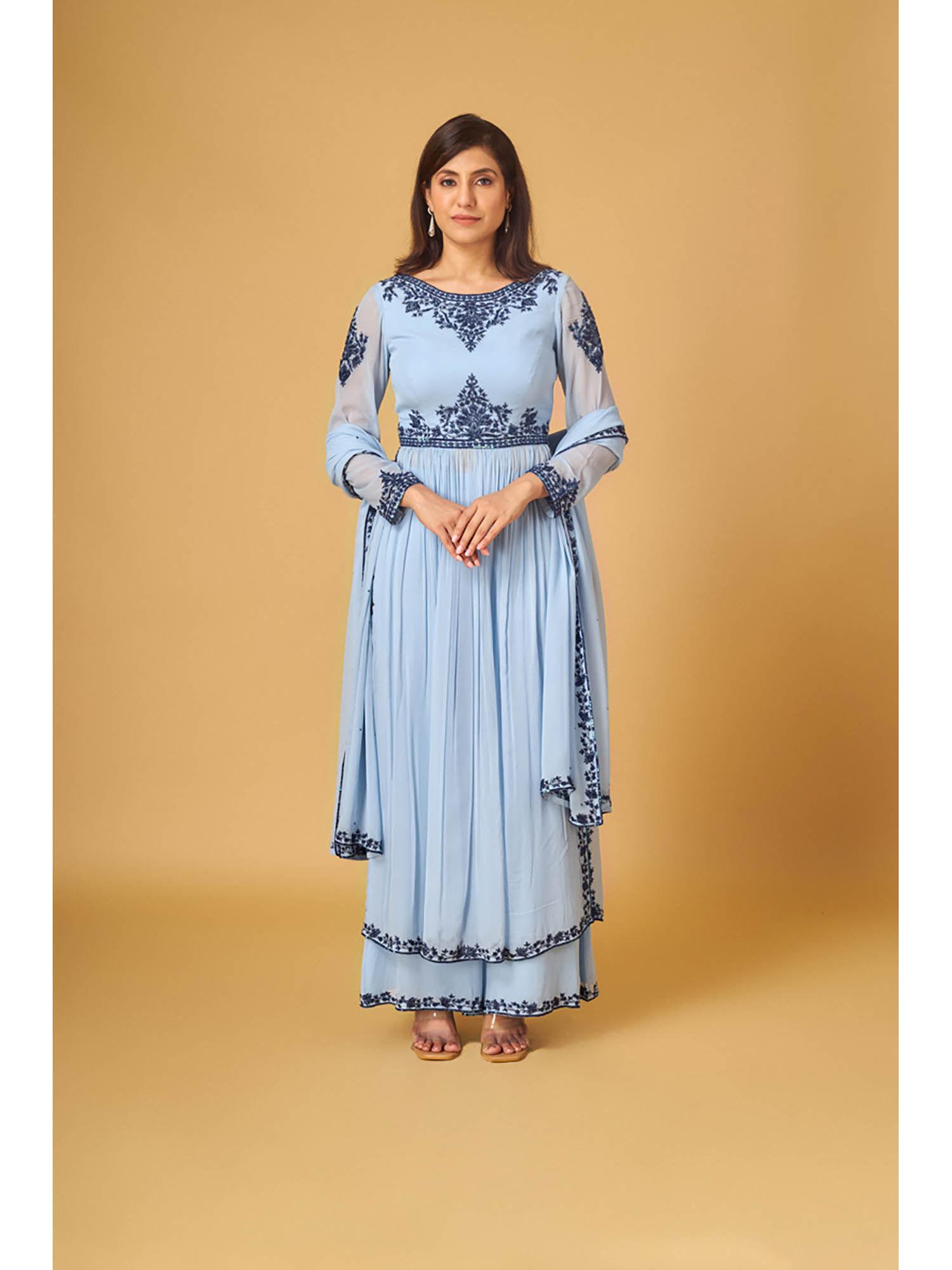 powder blue georgette embroidered kurta and pant with dupatta (set of 3)