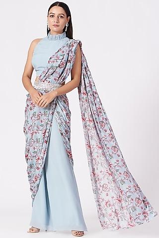powder blue georgette printed draped pant saree set