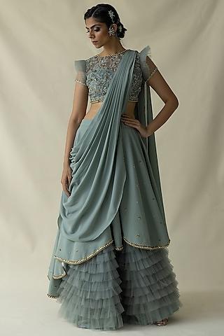 powder blue georgette ruffled lehenga set