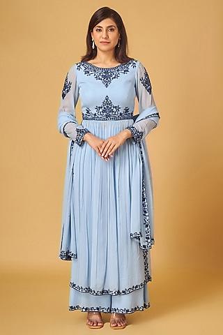 powder blue georgette thread & sequins embroidered kurta set