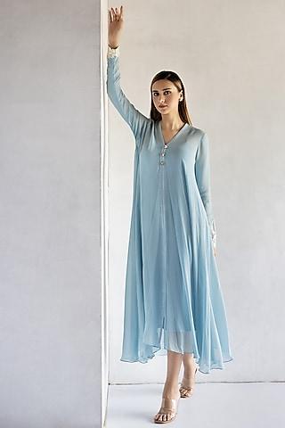 powder blue georgette thread embroidered a-line dress
