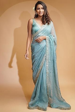 powder blue hand embroidered saree set