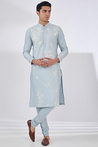 powder blue katan hand & machine embroidered kurta set