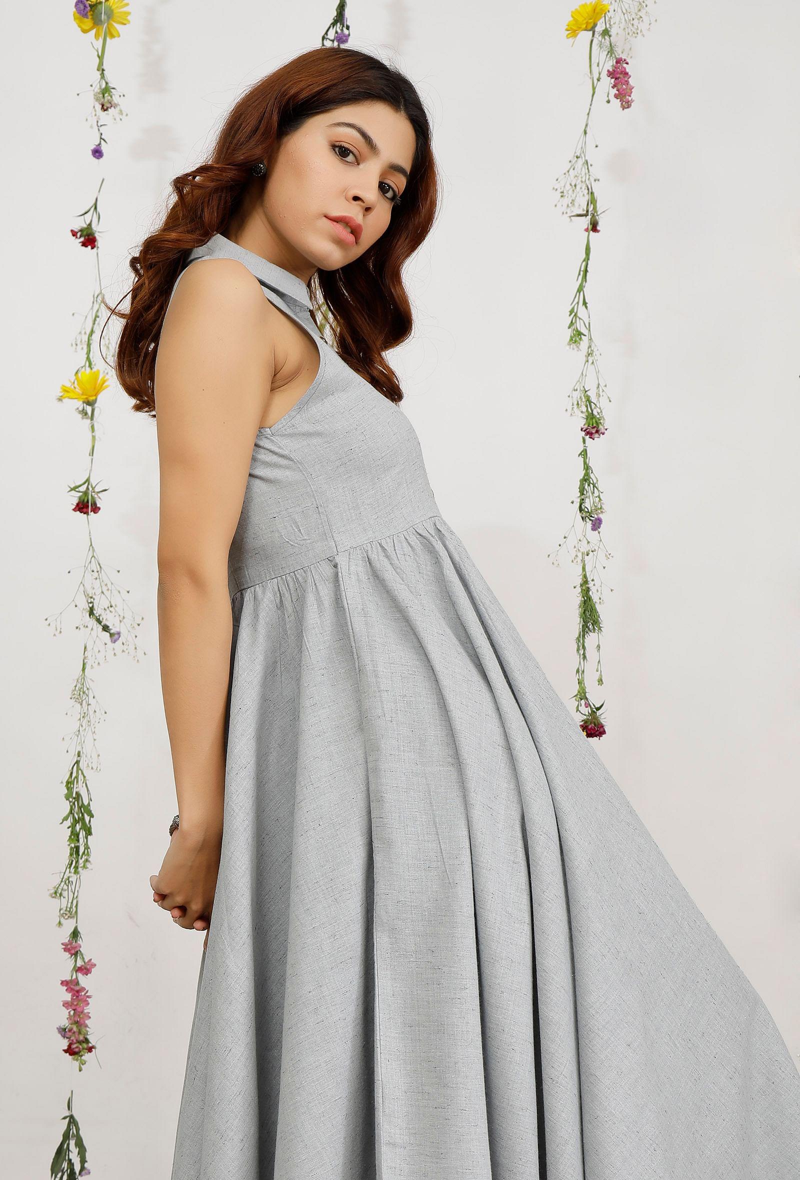 powder blue khadi cotton shirt halter neck dress