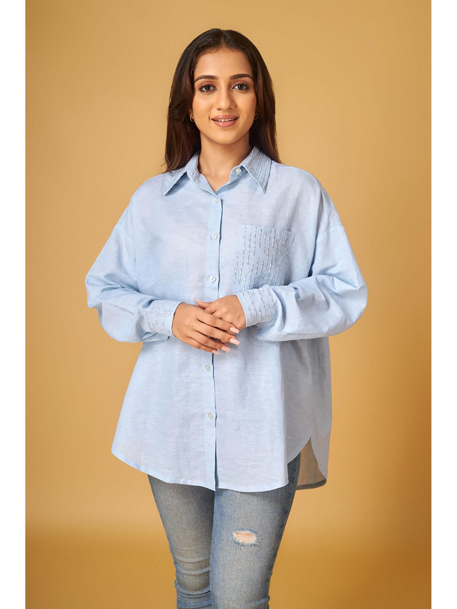 powder blue linen embroidered shirt