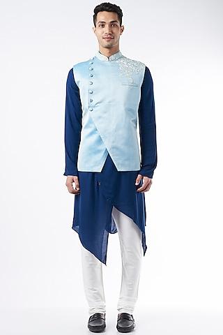 powder blue linen silk bundi jacket