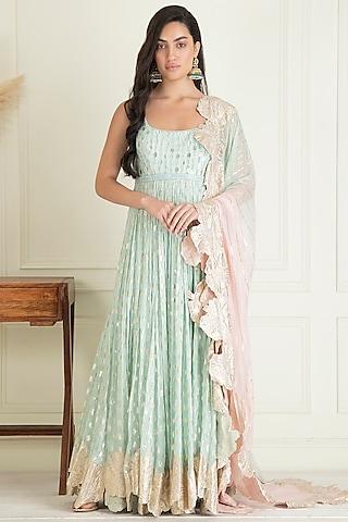 powder blue lurex georgette embroidered anarkali set