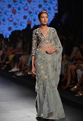 powder blue net floral embroidered saree set