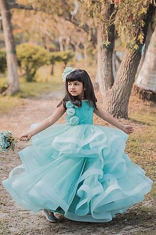 powder blue net ruffled gown for girls