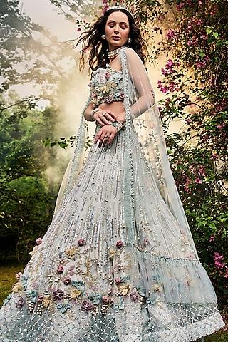 powder blue organza & net floral embellished lehenga set