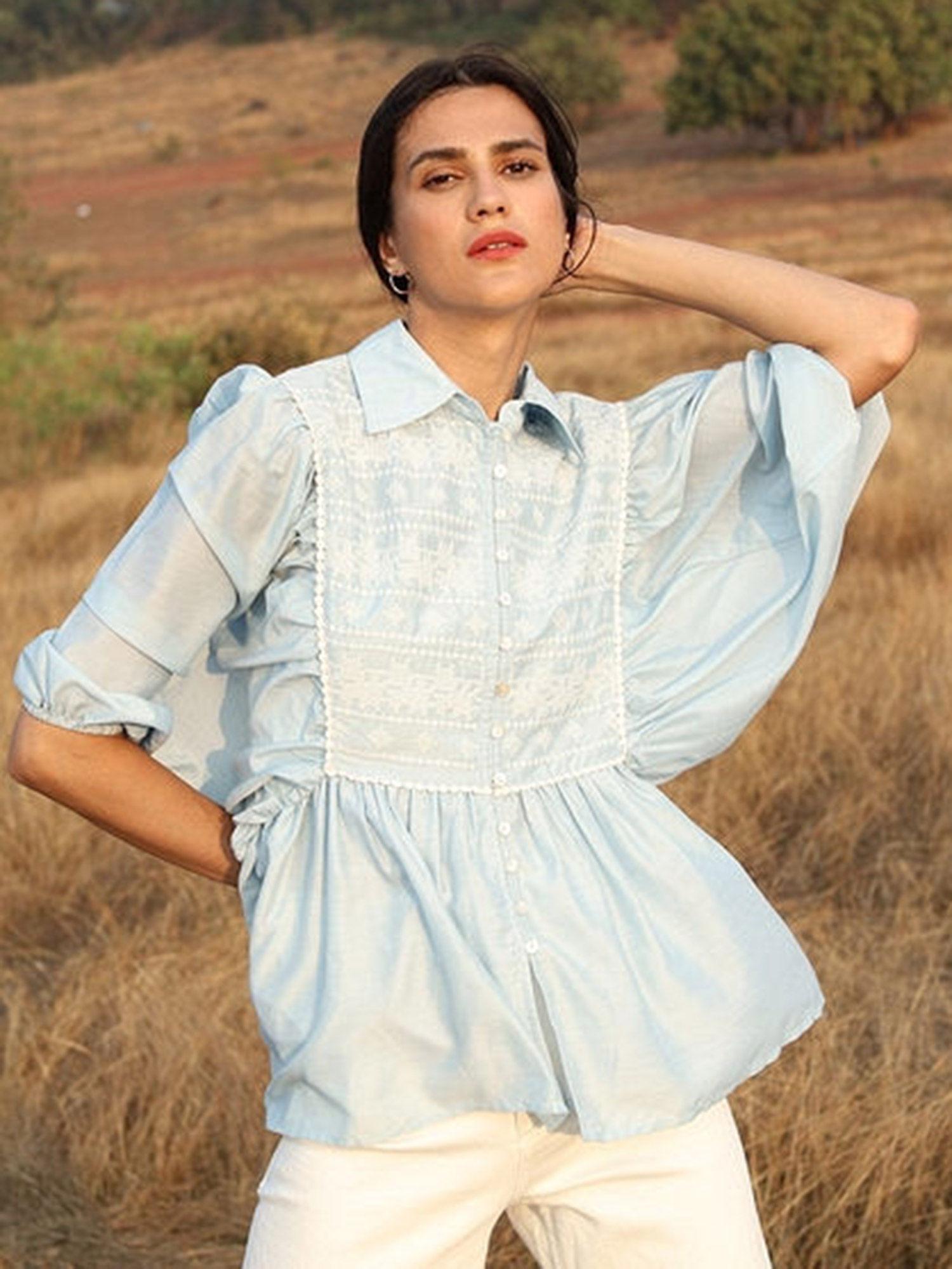 powder blue organza blouse with gathered sleeves