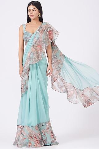 powder blue organza pastiche printed & embellished ruffled saree set