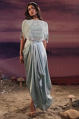 powder blue organza sequins & cutdana embroidered cape set