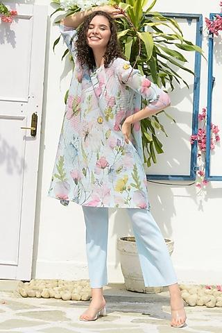 powder blue pleated polyester floral printed tunic set