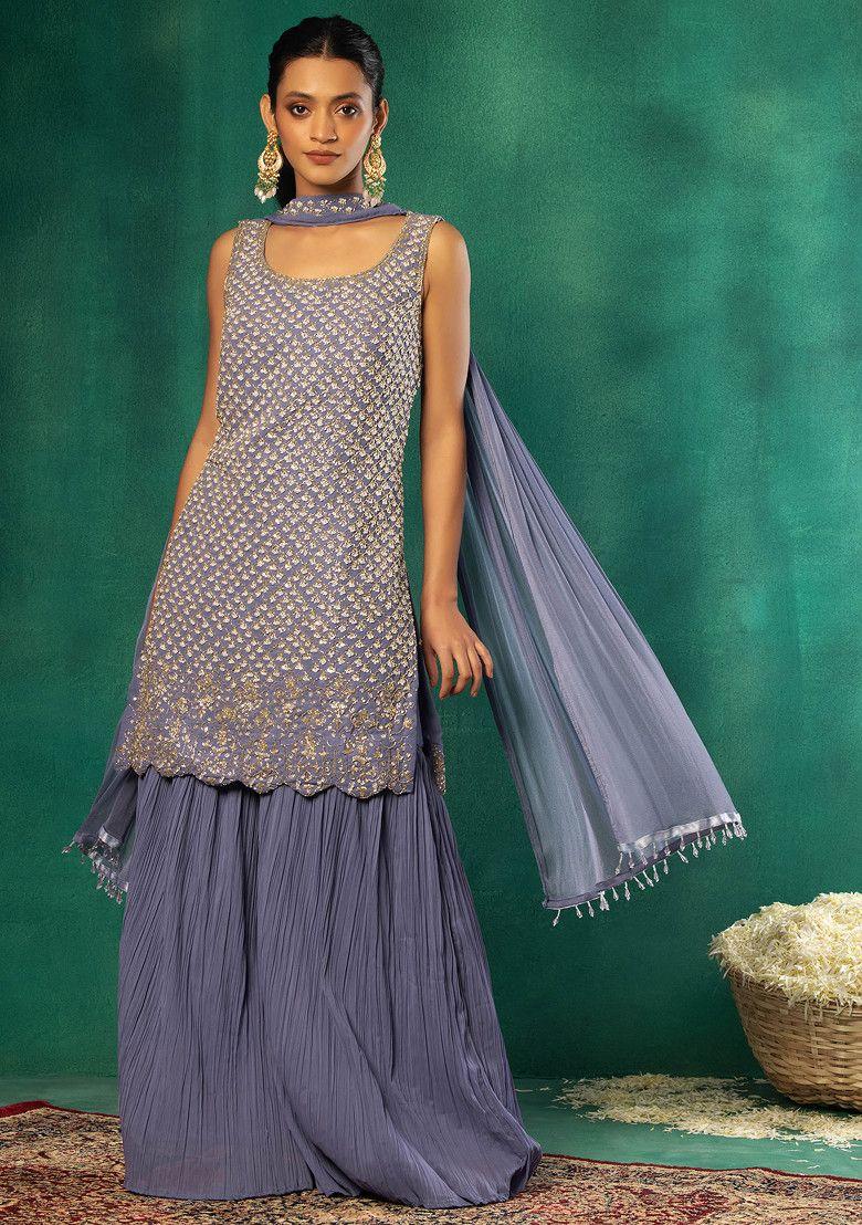 powder blue pleated sharara set with sequin embellished kurta and dupatta